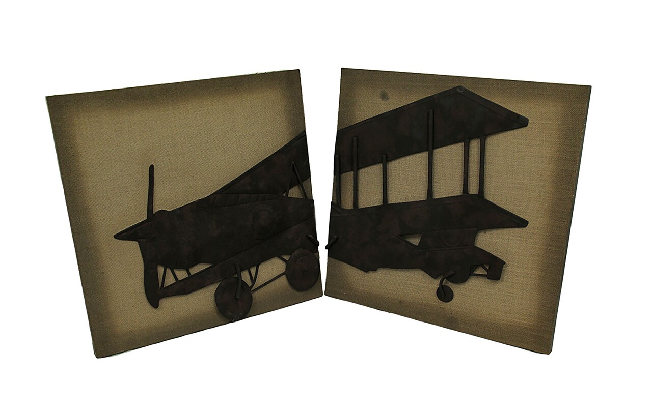 2 Piece Metal Vintage Airplane On Fabric Wall Hanging Set